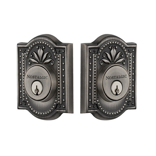 Nostalgic Warehouse - Meadows Plate Double Cylinder Deadbolt in Antique Pewter - MEAMEA - 719165 - 2 3/4" Backset
