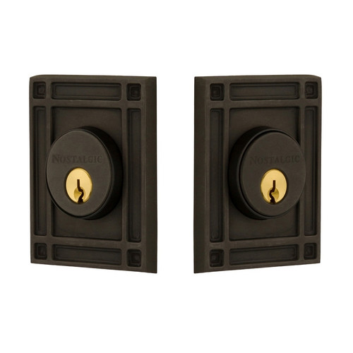 Nostalgic Warehouse - Mission Plate Double Cylinder Deadbolt in Oil-Rubbed Bronze - MISMIS - 715154 - 2 3/8" Backset