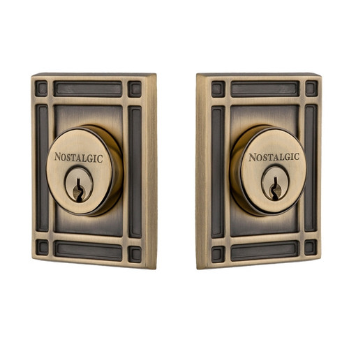 Nostalgic Warehouse - Mission Plate Double Cylinder Deadbolt in Antique Brass - Keyed Different - MISMIS - 719183 - 2 3/4" Backset