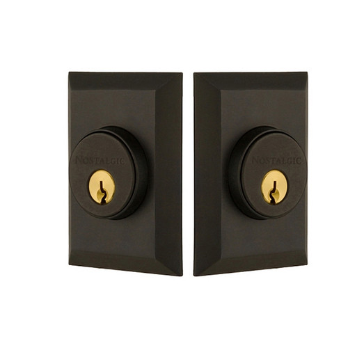Nostalgic Warehouse - New York Plate Double Cylinder Deadbolt in Oil-Rubbed Bronze - Keyed Different - NYKNYK - 733279 - 2 3/8" Backset
