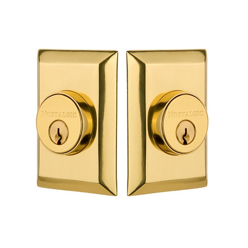 Nostalgic Warehouse - New York Plate Double Cylinder Deadbolt in Polished Brass - Keyed Different - NYKNYK - 733280 - 2 3/8" Backset