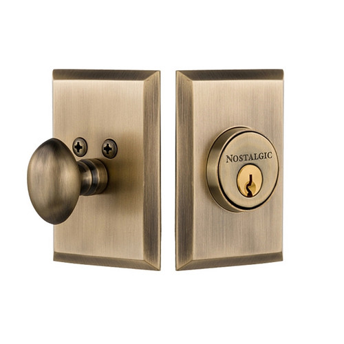Nostalgic Warehouse - New York Plate Single Cylinder Deadbolt in Antique Brass - Keyed Different - NYKNYK - 733265 - 2 3/8" Backset