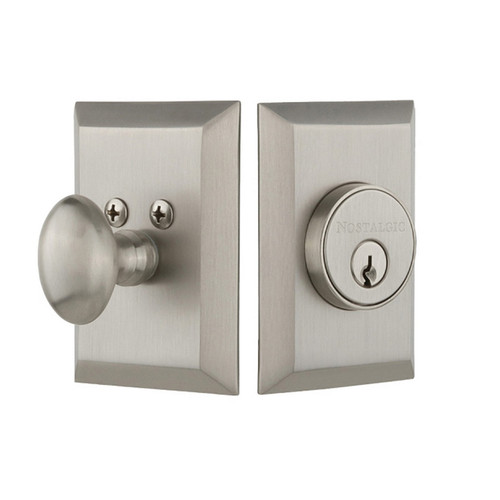 Nostalgic Warehouse - New York Plate Single Cylinder Deadbolt in Satin Nickel - NYKNYK - 733275 - 2 3/8" Backset