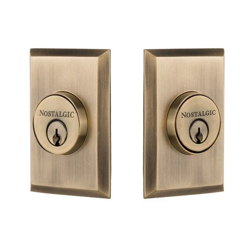 Nostalgic Warehouse - New York Plate Double Cylinder Deadbolt in Antique Brass - Keyed Different - NYKNYK - 719195 - 2 3/4" Backset