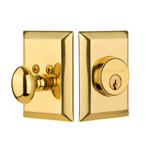 Nostalgic Warehouse - New York Plate Single Cylinder Deadbolt in Unlacquered Brass - Keyed Different - NYKNYK - 719070 - 2 3/4" Backset