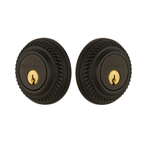 Nostalgic Warehouse - Rope Rosette Double Cylinder Deadbolt in Oil-Rubbed Bronze - ROPROP - 702338 - 2 3/8" Backset