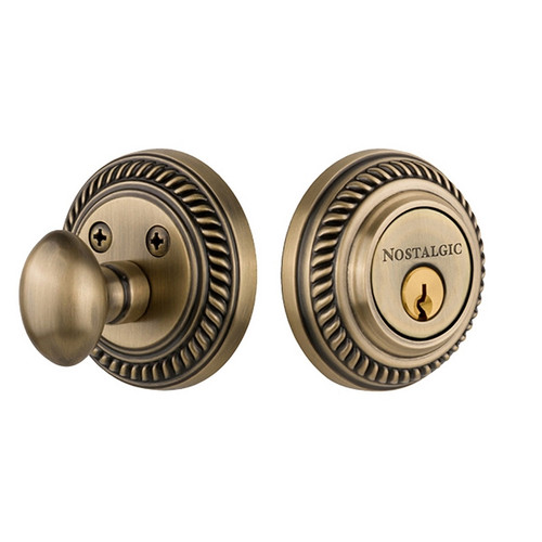 Nostalgic Warehouse - Rope Rosette Single Cylinder Deadbolt in Antique Brass - ROPROP - 702282 - 2 3/8" Backset