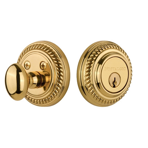 Nostalgic Warehouse - Rope Rosette Single Cylinder Deadbolt in Polished Brass - ROPROP - 702288 - 2 3/8" Backset