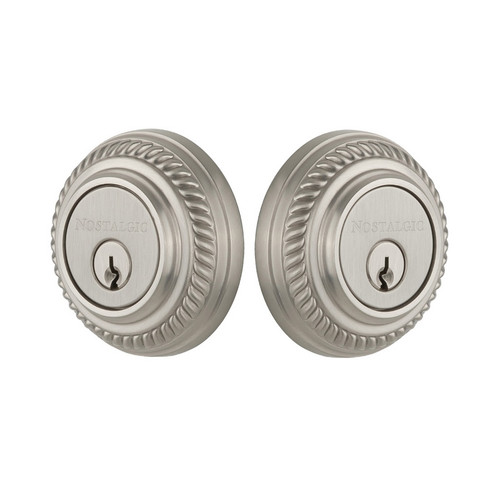 Nostalgic Warehouse - Rope Rosette Double Cylinder Deadbolt in Satin Nickel - ROPROP - 719213 - 2 3/4" Backset