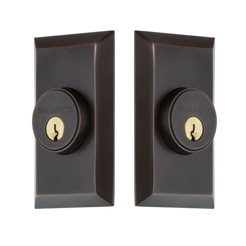 Nostalgic Warehouse - Studio Plate Double Cylinder Deadbolt in Timeless Bronze - Keyed Different - STUSTU - 703968 - 2 3/8" Backset