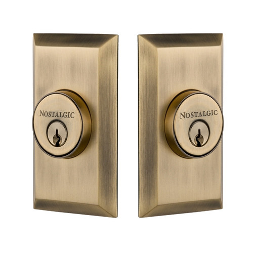 Nostalgic Warehouse - Studio Plate Double Cylinder Deadbolt in Antique Brass - STUSTU - 713604 - 2 3/8" Backset