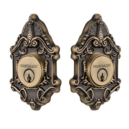 Nostalgic Warehouse - Victorian Plate Double Cylinder Deadbolt in Antique Brass - VICVIC - 733016 - 2 3/8" Backset