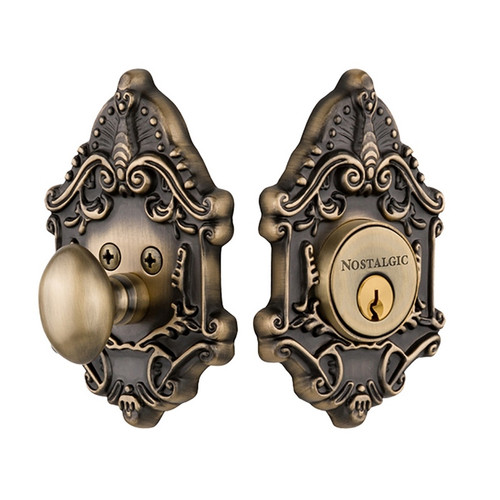 Nostalgic Warehouse - Victorian Plate Single Cylinder Deadbolt in Antique Brass - Keyed Different - VICVIC - 726001 - 2 3/8" Backset