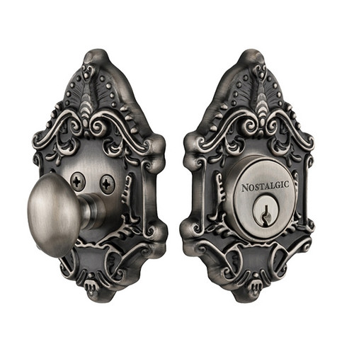 Nostalgic Warehouse - Victorian Plate Single Cylinder Deadbolt in Antique Pewter - VICVIC - 726057 - 2 3/8" Backset