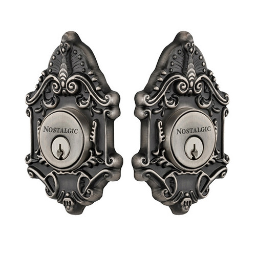 Nostalgic Warehouse - Victorian Plate Double Cylinder Deadbolt in Antique Pewter - VICVIC - 719231 - 2 3/4" Backset