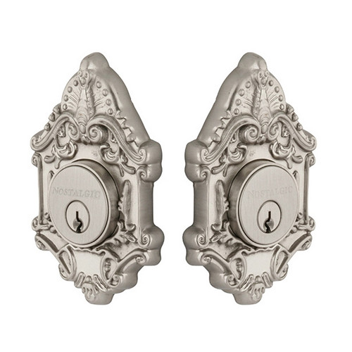 Nostalgic Warehouse - Victorian Plate Double Cylinder Deadbolt in Satin Nickel - VICVIC - 719234 - 2 3/4" Backset