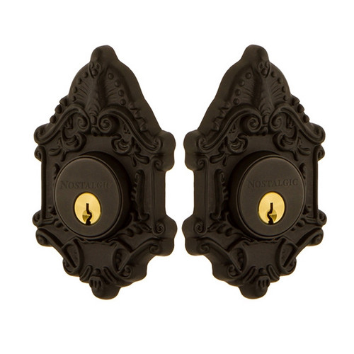 Nostalgic Warehouse - Victorian Plate Double Cylinder Deadbolt in Oil-Rubbed Bronze - Keyed Different - VICVIC - 719239 - 2 3/4" Backset
