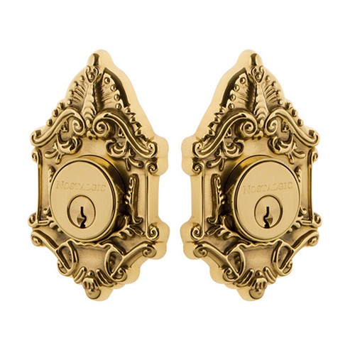 Nostalgic Warehouse - Victorian Plate Double Cylinder Deadbolt in Polished Brass - Keyed Different - VICVIC - 719240 - 2 3/4" Backset