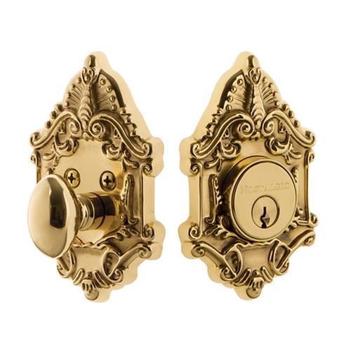 Nostalgic Warehouse - Victorian Plate Single Cylinder Deadbolt in Polished Brass - Keyed Different - VICVIC - 719108 - 2 3/4" Backset