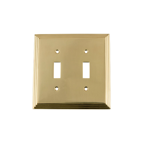 Nostalgic Warehouse - Deco Switch Plate with Double Toggle in Unlacquered Brass - DECSWPLTT2 - 720095