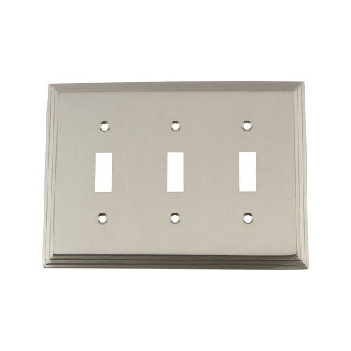 Nostalgic Warehouse - Deco Switch Plate with Triple Toggle in Satin Nickel - DECSWPLTT3 - 720024