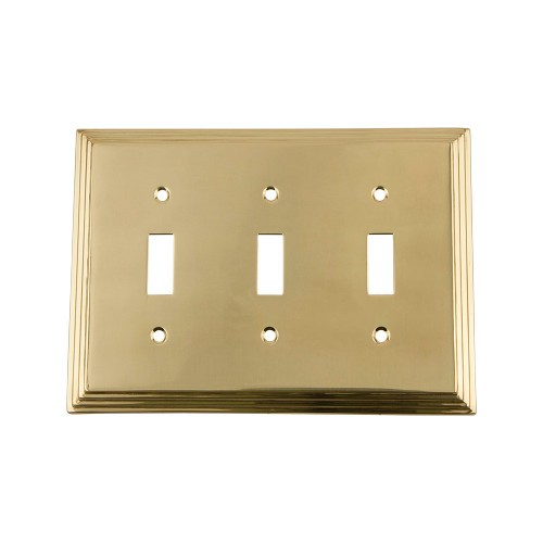 Nostalgic Warehouse - Deco Switch Plate with Triple Toggle in Unlacquered Brass - DECSWPLTT3 - 720096