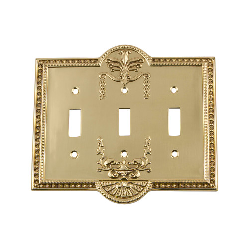 Nostalgic Warehouse - Meadows Switch Plate with Triple Toggle in Polished Brass - MEASWPLTT3 - 719928