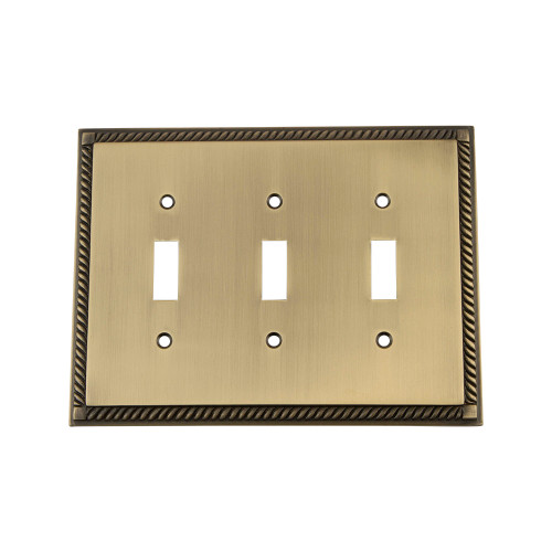 Nostalgic Warehouse - Rope Switch Plate with Triple Toggle in Antique Brass - ROPSWPLTT3 - 719748