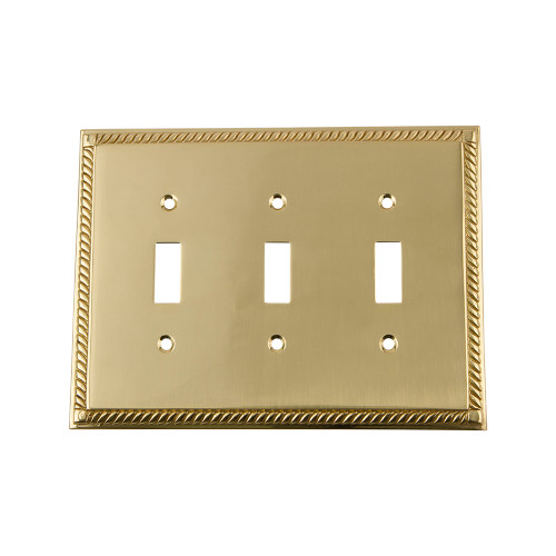 Nostalgic Warehouse - Rope Switch Plate with Triple Toggle in Unlacquered Brass - ROPSWPLTT3 - 720108