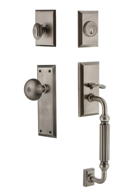 Grandeur Hardware - Fifth Avenue Plate F Grip Entry Set Fifth Avenue Knob in Antique Pewter - FAVFAV - 805654