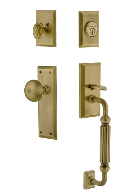 Grandeur Hardware - Fifth Avenue Plate F Grip Entry Set Fifth Avenue Knob in Vintage Brass - FAVFAV - 819028