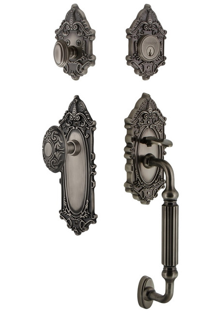 Grandeur Hardware - Grande Victorian Plate F Grip Entry Set Grande Victorian Knob in Antique Pewter - GVCGVC - 805785