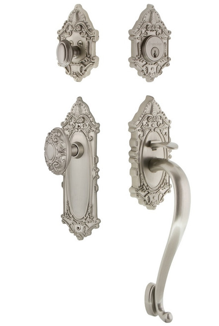 Grandeur Hardware - Grande Victorian Plate S Grip Entry Set Grande Victorian Knob in Satin Nickel - GVCGVC - 825170