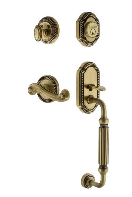 Grandeur Hardware - Newport Plate F Grip Entry Set Newport Lever in Vintage Brass - NEWNEW - 833101