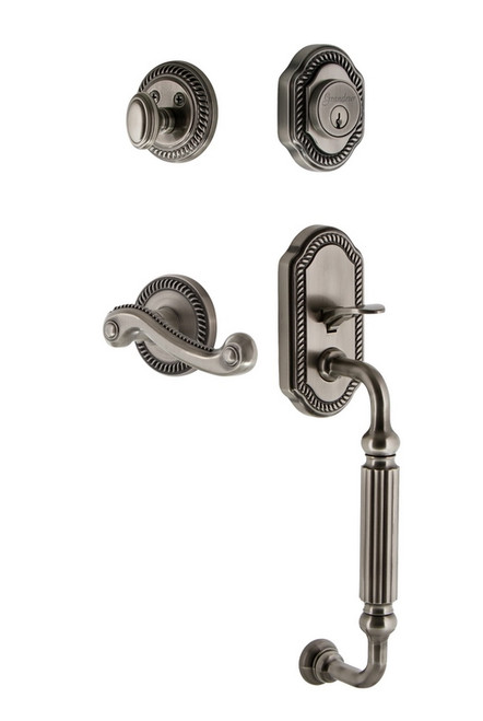 Grandeur Hardware - Newport Plate F Grip Entry Set Newport Lever in Antique Pewter - NEWNEW - 833102
