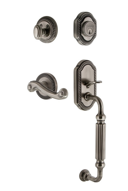 Grandeur Hardware - Newport Plate F Grip Entry Set Newport Lever in Antique Pewter - NEWNEW - 833103