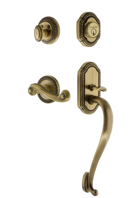 Grandeur Hardware - Newport Plate S Grip Entry Set Newport Lever in Vintage Brass - NEWNEW - 833127