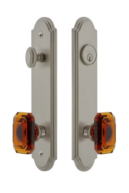 Grandeur Hardware - Hardware Arc Tall Plate Complete Entry Set with Baguette Amber Knob in Satin Nickel - ARCBCA - 839298