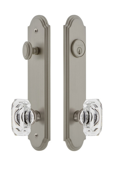 Grandeur Hardware - Hardware Arc Tall Plate Complete Entry Set with Baguette Clear Crystal Knob in Satin Nickel - ARCBCC - 839329