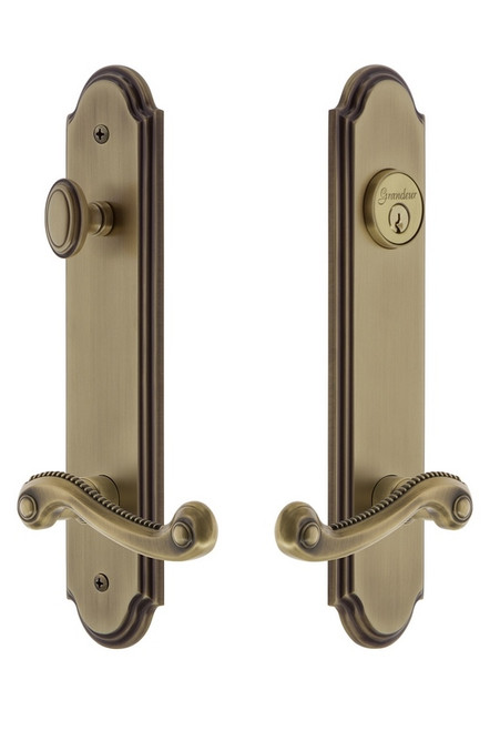 Grandeur Hardware - Hardware Arc Tall Plate Complete Entry Set with Newport Lever in Vintage Brass - ARCNEW - 841185