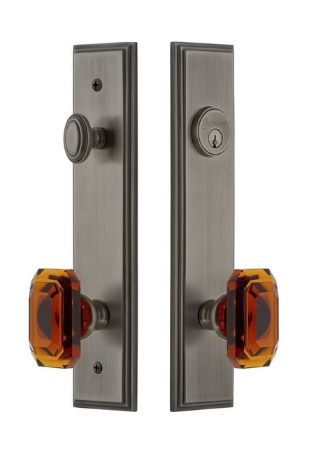 Grandeur Hardware - Hardware Carre Tall Plate Complete Entry Set with Baguette Amber Knob in Antique Pewter - CARBCA - 839854