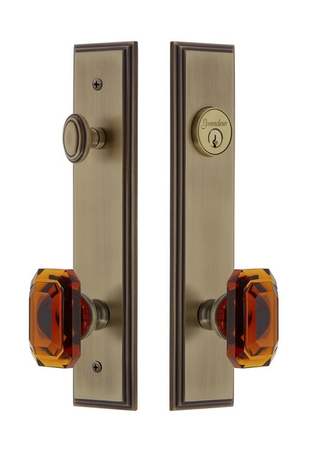 Grandeur Hardware - Hardware Carre Tall Plate Complete Entry Set with Baguette Amber Knob in Vintage Brass - CARBCA - 839884