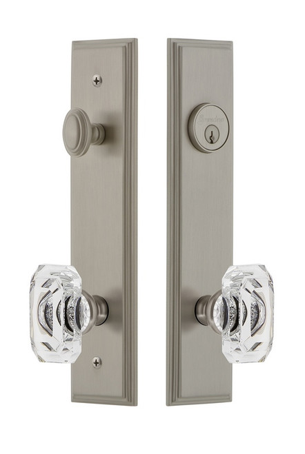 Grandeur Hardware - Hardware Carre Tall Plate Complete Entry Set with Baguette Clear Crystal Knob in Satin Nickel - CARBCC - 839905