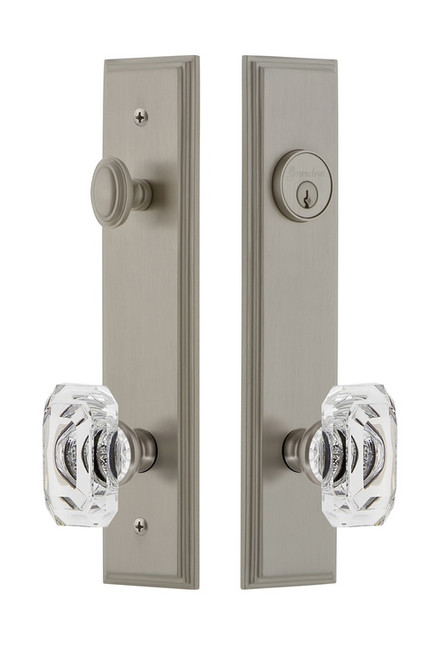 Grandeur Hardware - Hardware Carre Tall Plate Complete Entry Set with Baguette Clear Crystal Knob in Satin Nickel - CARBCC - 839906