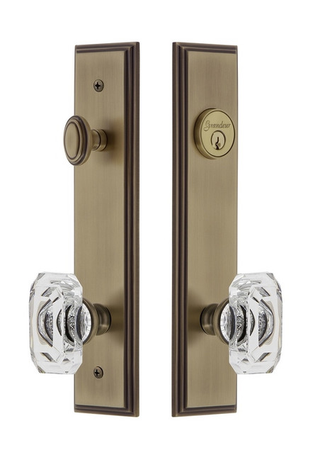 Grandeur Hardware - Hardware Carre Tall Plate Complete Entry Set with Baguette Clear Crystal Knob in Vintage Brass - CARBCC - 839916
