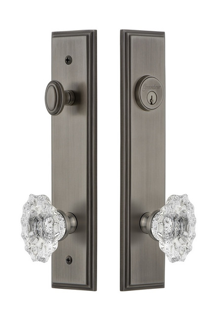 Grandeur Hardware - Hardware Carre Tall Plate Complete Entry Set with Biarritz Knob in Antique Pewter - CARBIA - 839919