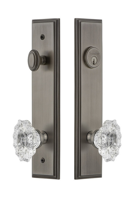 Grandeur Hardware - Hardware Carre Tall Plate Complete Entry Set with Biarritz Knob in Antique Pewter - CARBIA - 839920