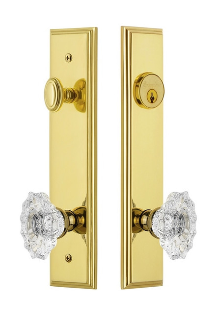 Grandeur Hardware - Hardware Carre Tall Plate Complete Entry Set with Biarritz Knob in Lifetime Brass - CARBIA - 839927
