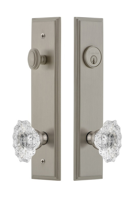 Grandeur Hardware - Hardware Carre Tall Plate Complete Entry Set with Biarritz Knob in Satin Nickel - CARBIA - 839938
