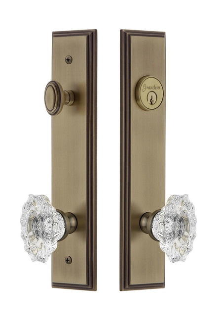 Grandeur Hardware - Hardware Carre Tall Plate Complete Entry Set with Biarritz Knob in Vintage Brass - CARBIA - 839945